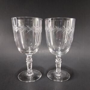 2 Antique Fostoria "Holly Clear" Pattern Low Water Goblet Stemmed Wine Glasses